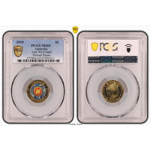Australia 2018 Lest We Forget Eternal Flame $2 Coloured Coin PCGS MS65