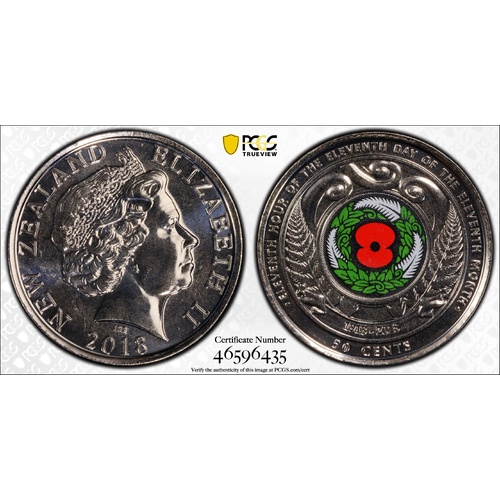 New Zealand 2018 Armistice Centenary 50c Coloured Coin PCGS MS67