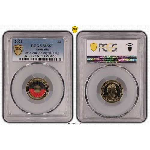 Australia 2021 50th Ann Aboriginal Flag $2 Coloured Coin PCGS MS67