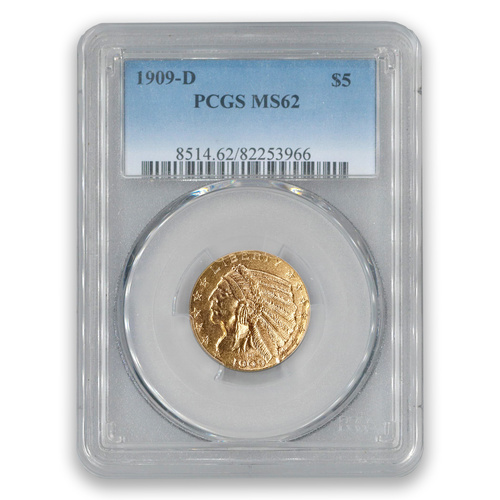 USA 1909-D $5 Gold Coin – Indian Head Half Eagle PCGS MS62
