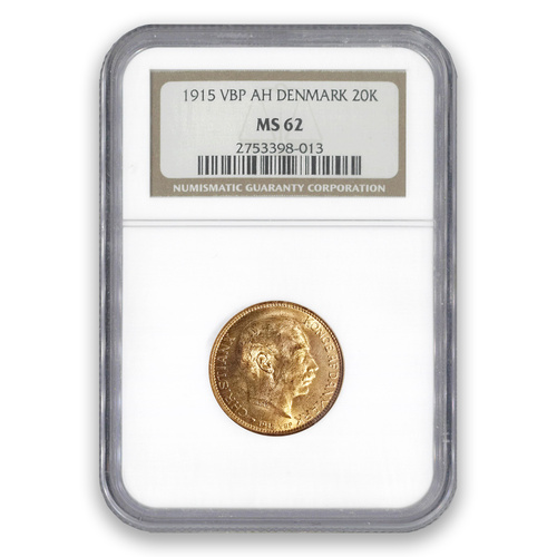 Denmark 1915 VBP AH 20 Kroner Gold Coin – King Christian X (NGC MS62)