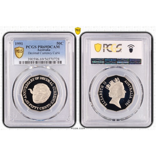 Australia 1991 Decimal Currency Ram's Head 50c Proof Coin PCGS PR69DCAM