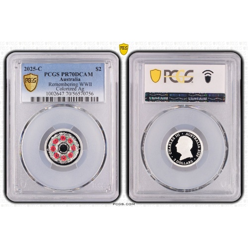 Australia 2025 Poppy Wreath 'C' mmk $2 Coloured Silver Proof Coin PCGS PR70DCAM