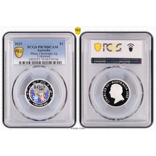 Australia 2025 Bluey Christmas Coloured $1 Silver Proof Coin PCGS PR70DCAM