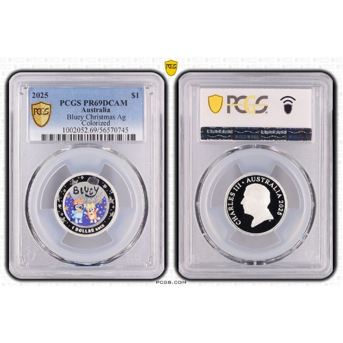 Australia 2025 Bluey Christmas Coloured $1 Silver Proof Coin PCGS PR69DCAM