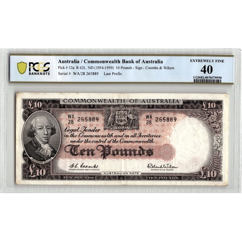 Commonwealth of Australia 1954 £10 Coombs/Wilson Last Prefix WA/28 R62L PCGS EF40