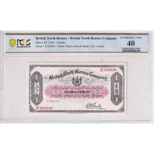 British North Borneo Company East & Blades Ltd., London $1 Banknote PCGS EF40
