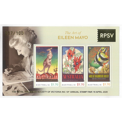 Australia 2026 Annual Stamp Fair Souvenir Sheet Eileen Mayo Art ovpt in Gold
