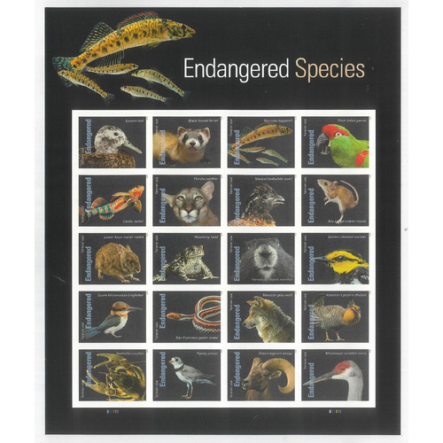 USA 2023 Endangered Species – Sheetlet of 20 Self‑adhesive Stamps Mint Unhinged