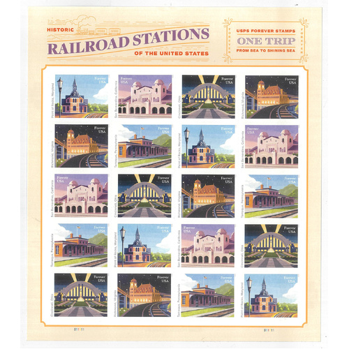 USA 2023 Railroad Stations Sheetlet of 20 Self‑adhesive Stamps MUH