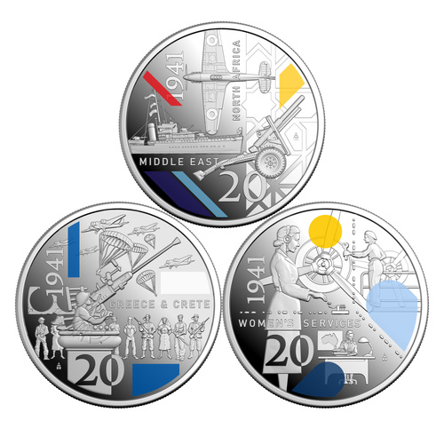 Australia 2026 WWII Service Amid Strife 20c Coloured Silver Proof 3-Coin Set