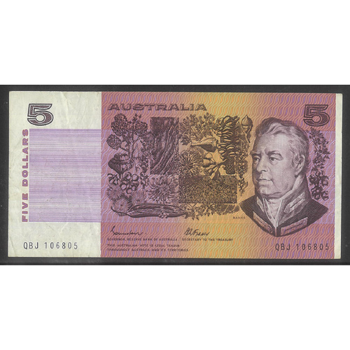 Australia 1985 $5 Banknote Johnston/Fraser R209bL Last Prefix QBJ Gothic gF 3-77