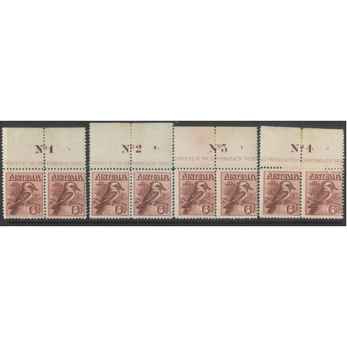 Australia 1914 Engraved 6d Kookaburra Stamps 4 Plate Pairs (Marginal Hinge Remains)