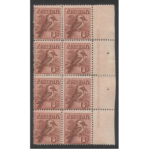 Australia 1914 Engraved 6d Kookaburra Right Side Imprint Block of 8 Stamps 
