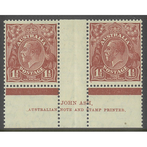 Australia KGV Stamps CofA WMK 1½d Red-Brown Ash Imprint Pair (N over EA) BW94(1)zb MUH