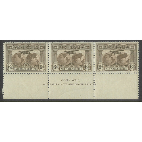 Australia 1931 6d Air Mail Dull Brown Ovpt OS Ash Imprint Strip/3 Stamps SG139