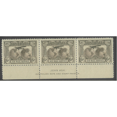 Australia 1931 6d Air Mail Grey Brown Ovpt OS Ash Imprint Strip/3 Stamps SG139
