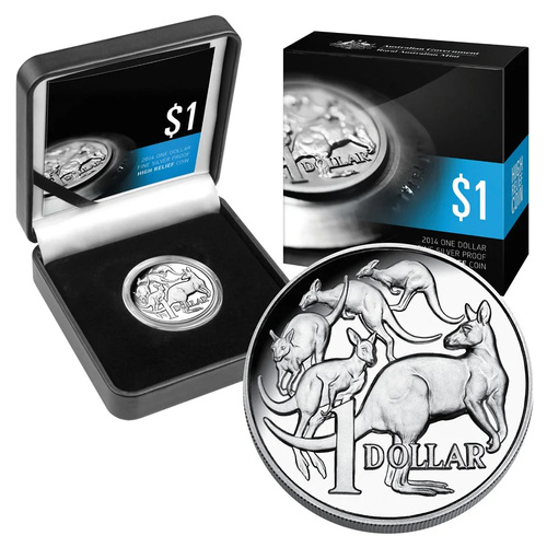 Australia 2014 $1 Mob of Roos High Relief One Dollar Fine Silver Proof Coin