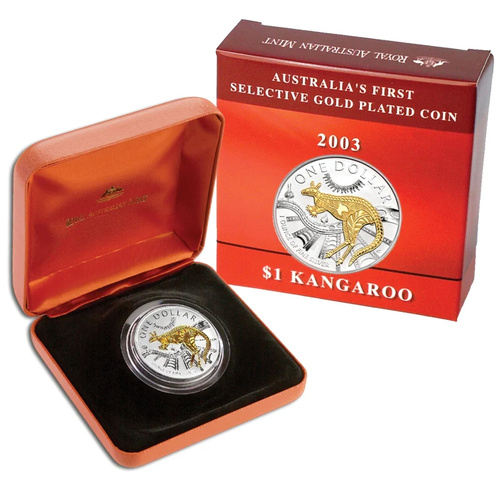 Australia 2003 $1 Kangaroo First Selectively Gold Plated Coin 1oz Silver