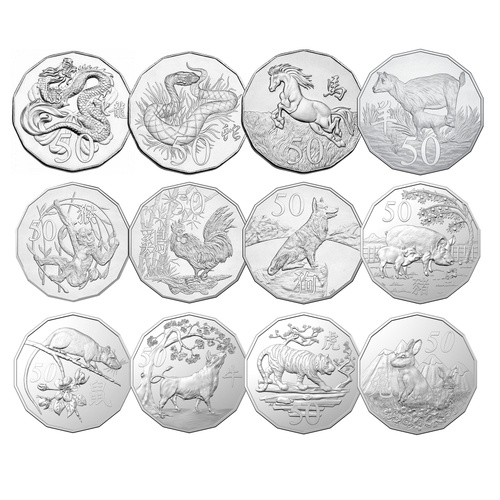 Australia 2012-23 Complete Collection of 12 Lunar New Year Zodiac 50c Coins