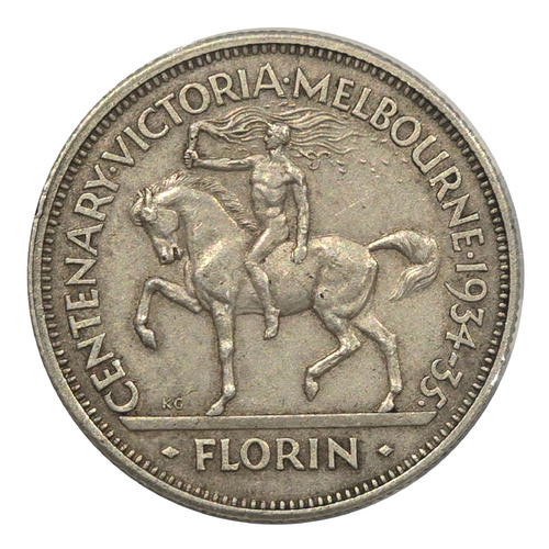 Australia 1934/35 Melbourne Centennial Florin Coin aVF/VF Condition