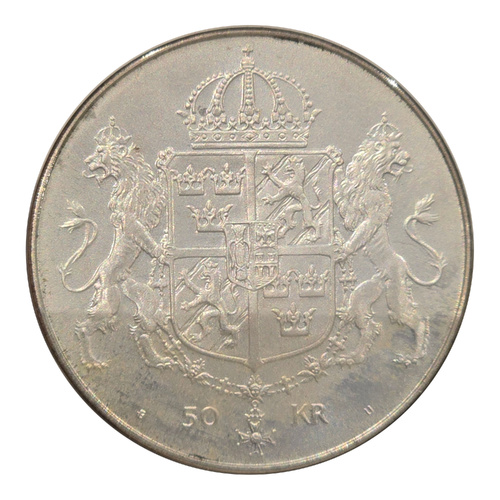 Sweden 1976 – 50 Kronor Silver Coin – Royal Wedding of King Carl XVI Gustaf – nUNC/UNC