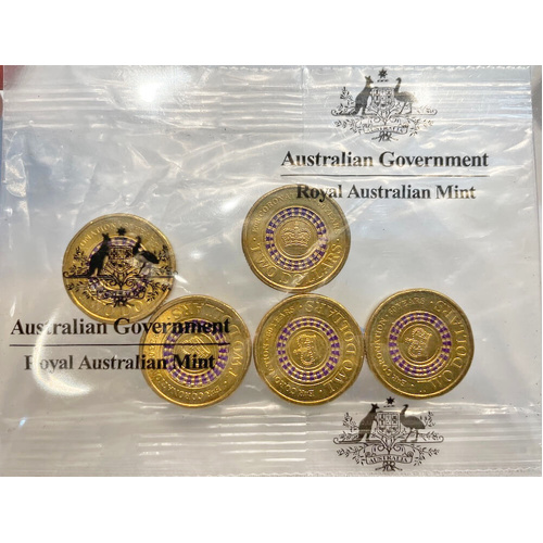 Australia 2013 $2 Coronation Purple Crown Mint Bag of 5 Coloured Coins UNC