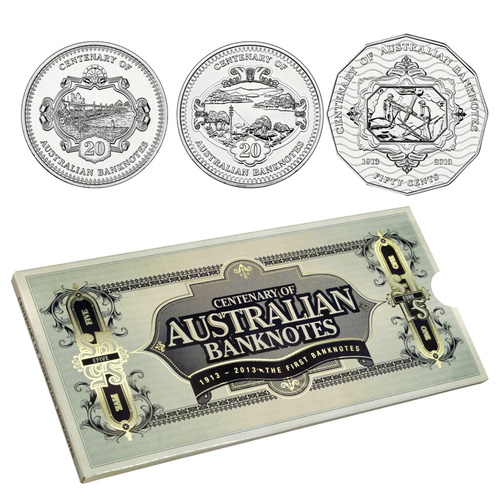 Australia 2013 20c & 50c Centenary of The First Banknotes 3-Coin Set in Folder UNC