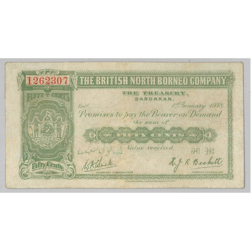 British North Borneo 1938 50 Cents Banknote (Pick 27) — gVF/aEF*