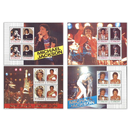 St. Vincent 1985 Michael Jackson 4 Different Commemorative Stamp Mini Sheets MUH