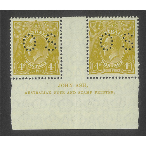 Australia KGV Stamp S/Mult WMK 4d Olive Ash Imprint Pair with Variety Perf OS Plate 4 MUH