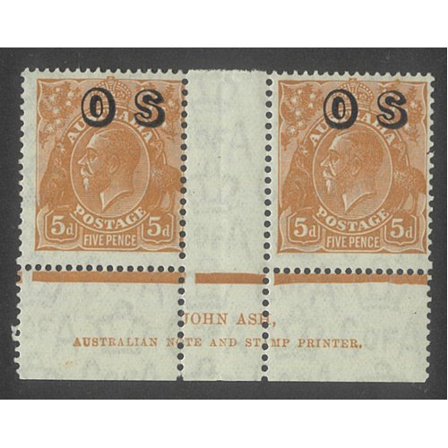 Australia KGV Stamp CofA WMK 5d Yellow-Brown Ash Imprint Pair Ovpt OS MUH
