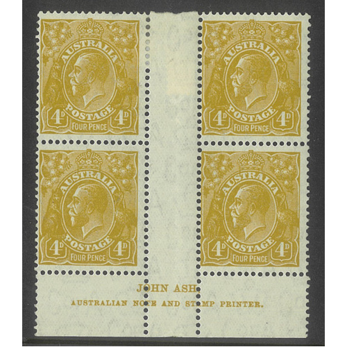 Australia KGV Stamp CofA WMK 4d Olive Ash Imprint Block/4 MH/MUH