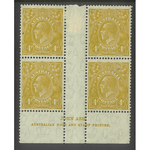 Australia KGV Stamp CofA WMK 4d Olive Ash Imprint Block/4 with Variety MH/MUH