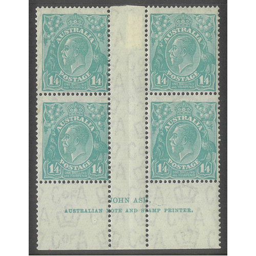 Australia KGV Stamp CofA WMK 1/4 Greenish Blue Ash Imprint Block/4 MLH/MUH