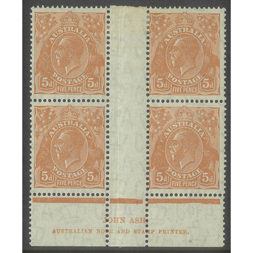 Australia KGV Stamp CofA WMK 5d Yellow-Brown Ash Imprint Block/4 MLH/MUH