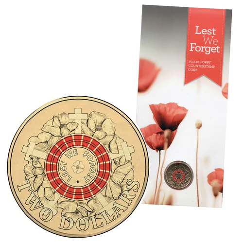 Australia 2015 $2 Lest We Forget 'Poppy' Counterstamp Coin UNC