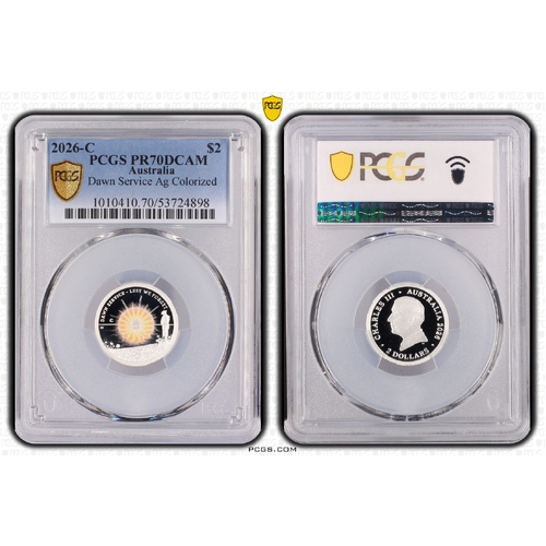 Australia 2026-C $2 Dawn Service Silver Proof Coloured Coin PCGS PR70DCAM TOP POP