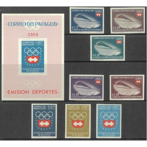 Paraguay 1963 Winter Olympics Imperf Set/8 Stamps & Mini Sheet MUH 9-25