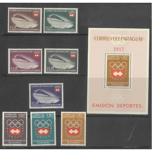 Paraguay 1963 Winter Olympics Set/8 Stamps and Mini Sheet Scott 783/90a MUH 9-14