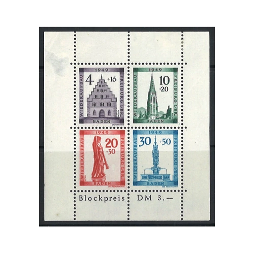 Allied Occupation French Zone Baden 1949 Perf Mini Sheet Michel BLK1A MUH 6-13