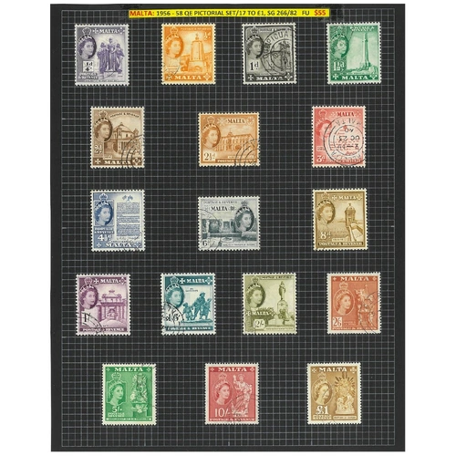 Malta 1956-58 QEII Pictorial Set of 17 Stamps SG266/82 FU Hinged To A Leave 6-21