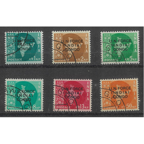 India - Forces in Congo 1962 Overprinted Set of 6 Stamps SG U1/6 CTO 6-25
