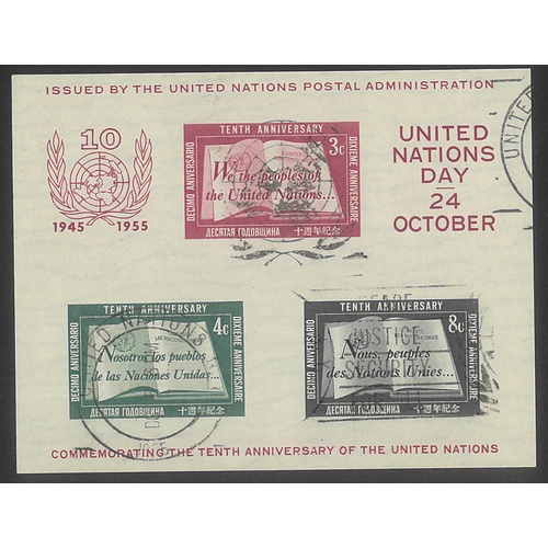 UNO New York 1955 10th Anniversary Imperf Mini Sheet Scott 38 Fine Used 6-34