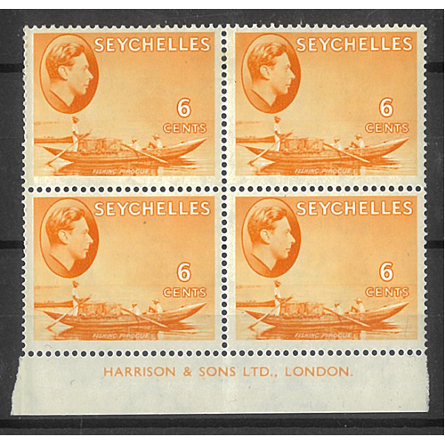 Seychelles 1938 KGVI 6d Orange Imprint Block of 4 Stamps SG137 MLH/MUH 6-35
