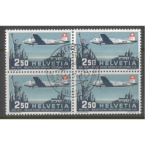 Switzerland 1947 2f50 Geneva-New York Flight Block/4 with Special Postmark 6-42