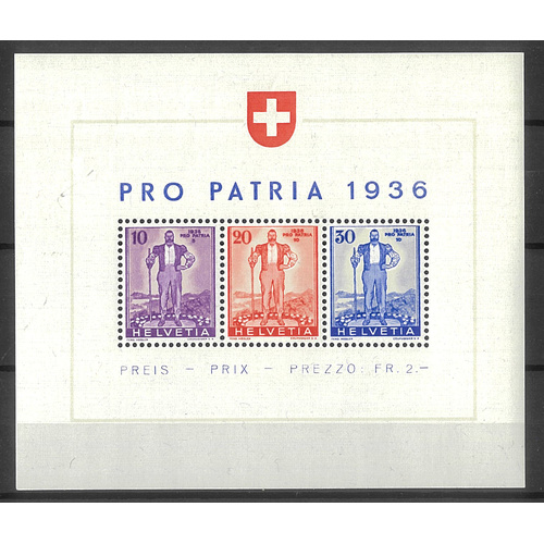 Switzerland 1936 "Pro Patria" Mini Sheet Scott B80 Michel blk2 MUH 8-3