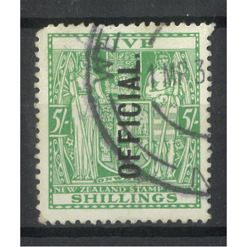 New Zealand 1933 5/- Stamp Arms with Vertical Official Ovpt SG O113 Fine Used 8-13