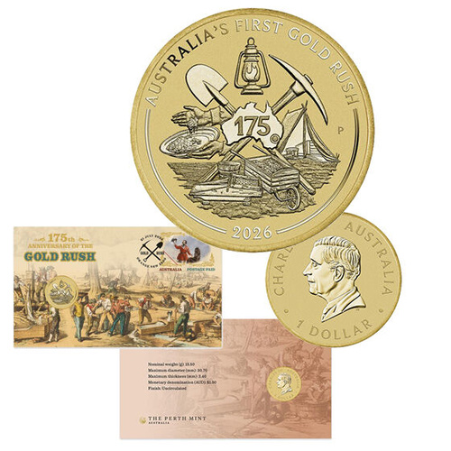 Australia 2026 175th Anniversary of Gold Rush in Australia Stamp & $1 Coin PNC