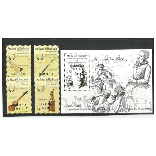 Barbuda 1986 Bach Anniversary Set/4 Stamps & Mini Sheet SG851/55 MUH 9-32